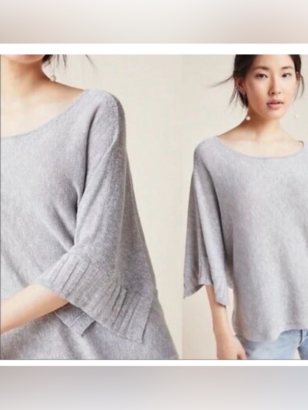 Anthropologie Alicia Linen Blend Metallic Silver Knit Poncho Sweater Size S